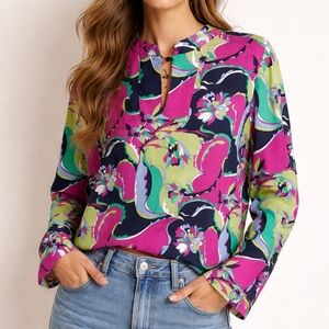 Talbots Colorful Floral Print Mandarin Collar Long Sleeve Blouse Top; Size 10